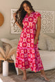 Kathy Strawberry Pink Geo Print V-neck Maxi Dress