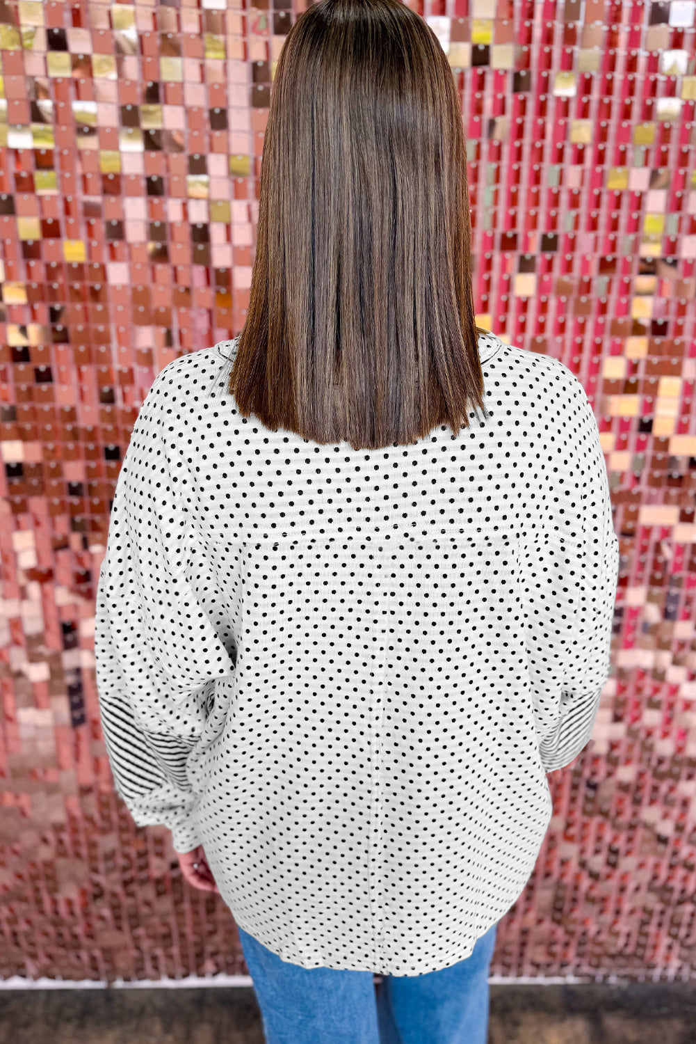 Dot Print Patchwork Sleeve Henley