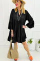 Corey Black Chambray Ruffled 3/4 Sleeve Tiered Split V Neck Mini Dress