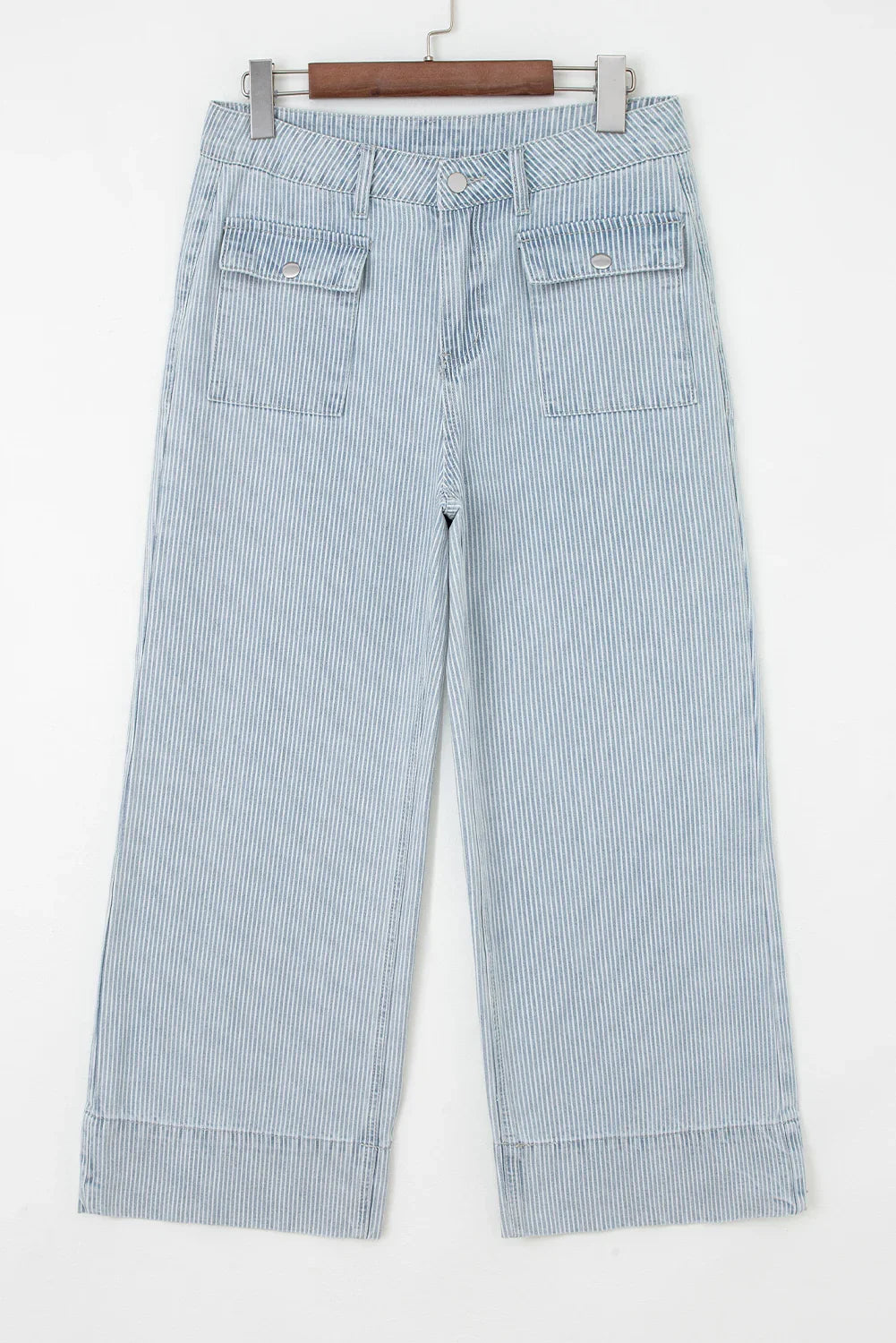 Betsie Sky Blue Stripe Button Flap Pocket Cuffed Hem Wide Leg Jeans