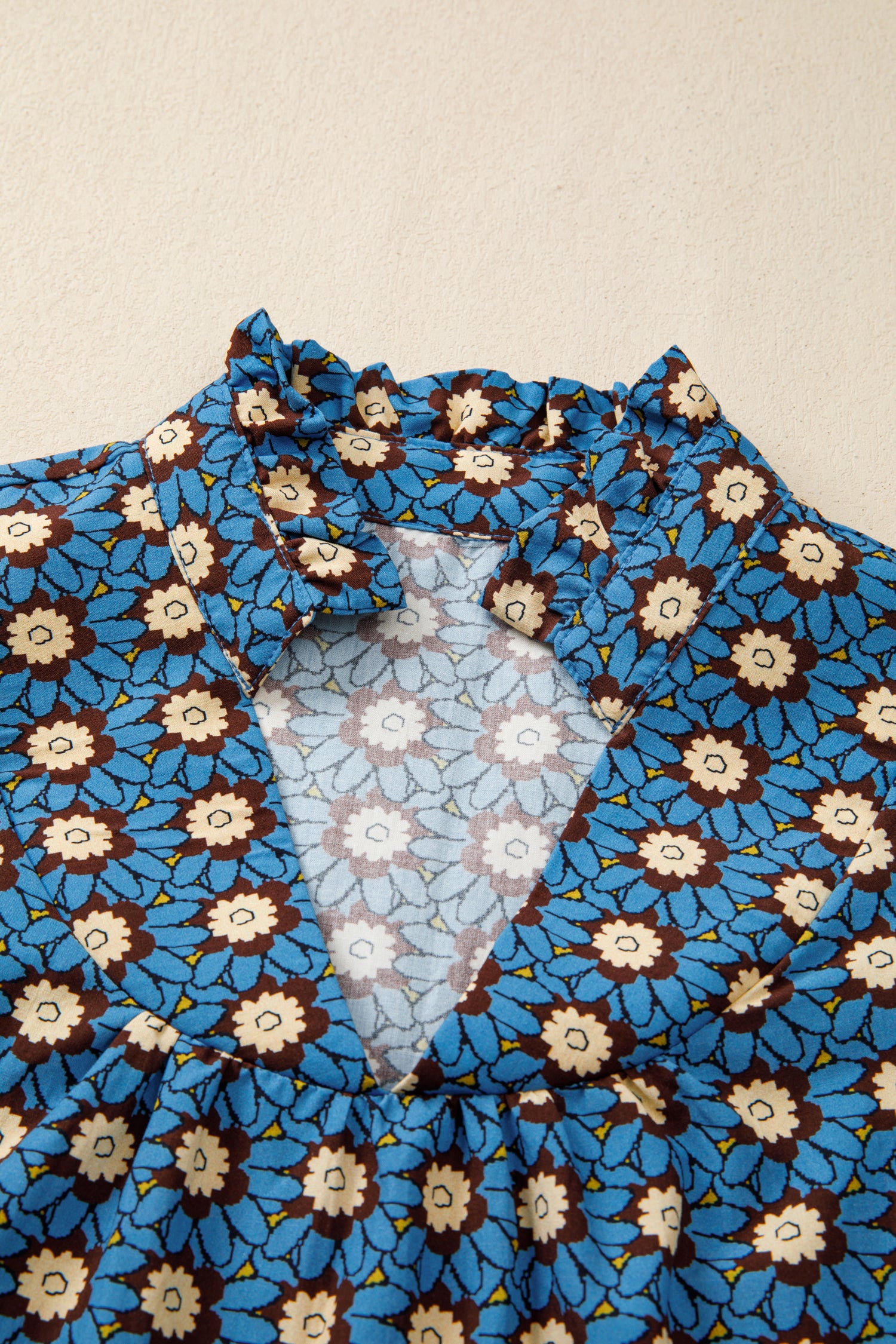Floral Print V Neck Pleated Puff Sleeve