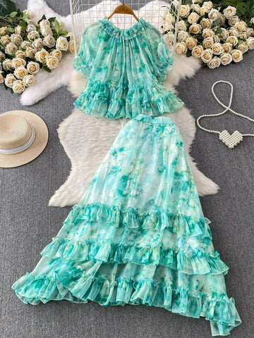Amelia Floral Print Ruffle Hem Two Piece Sets