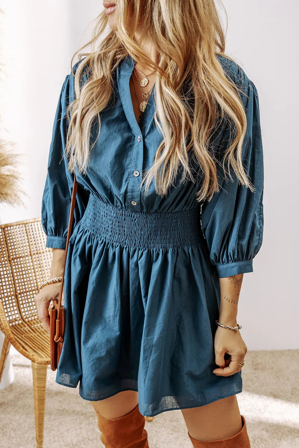 Roddie Prussian Blue 3/4 Sleeve Shirred High Waist Buttoned Mini Dress