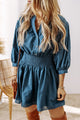 Roddie Prussian Blue 3/4 Sleeve Shirred High Waist Buttoned Mini Dress
