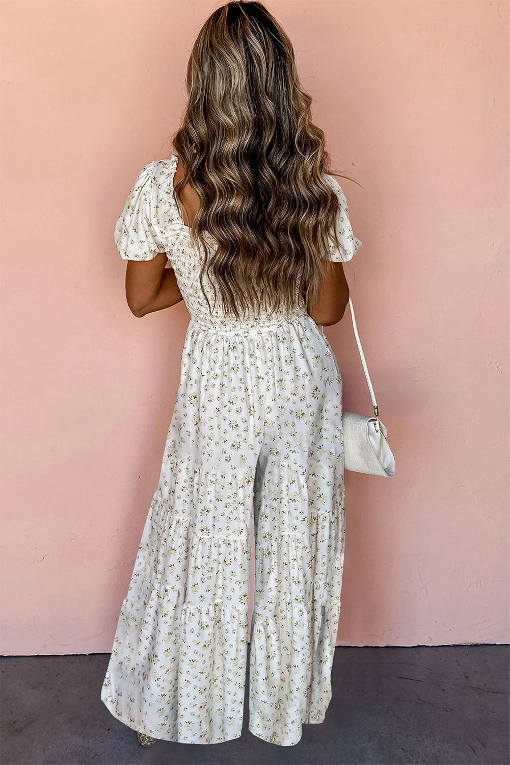 Nordie White Boho Floral Smocked Wide Leg Short Puff Sleeve Jumpsuit