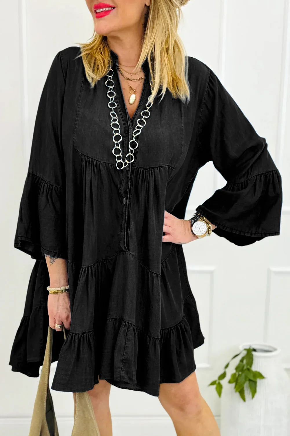 Corey Black Chambray Ruffled 3/4 Sleeve Tiered Split V Neck Mini Dress