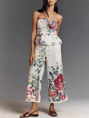 Layla Floral Print Strapless Wide-Leg Two Piece Sets