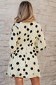 Pillar Beige Polka Dot Printed Surplice V Neck Puff Sleeve Mini Dress