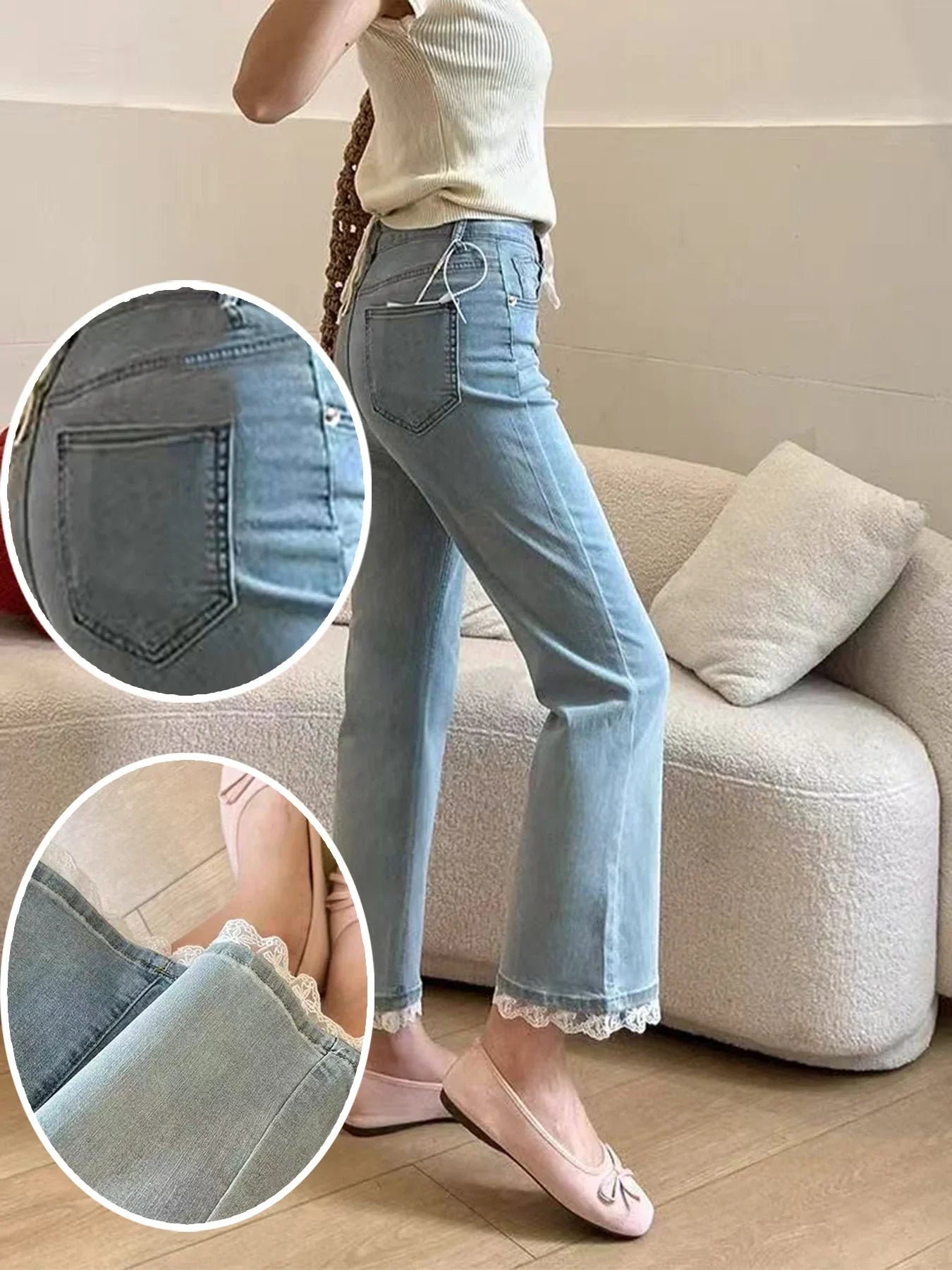 Light Blue Micro-Flare Lace Stretch Jeans for Women