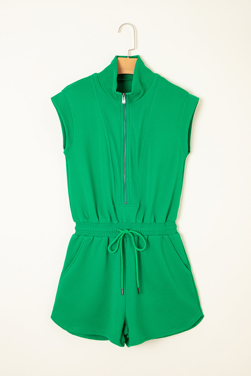 Vectar Bright Green Textured Short Sleeve Half Zip Drawstring Elastic Waistband Romper