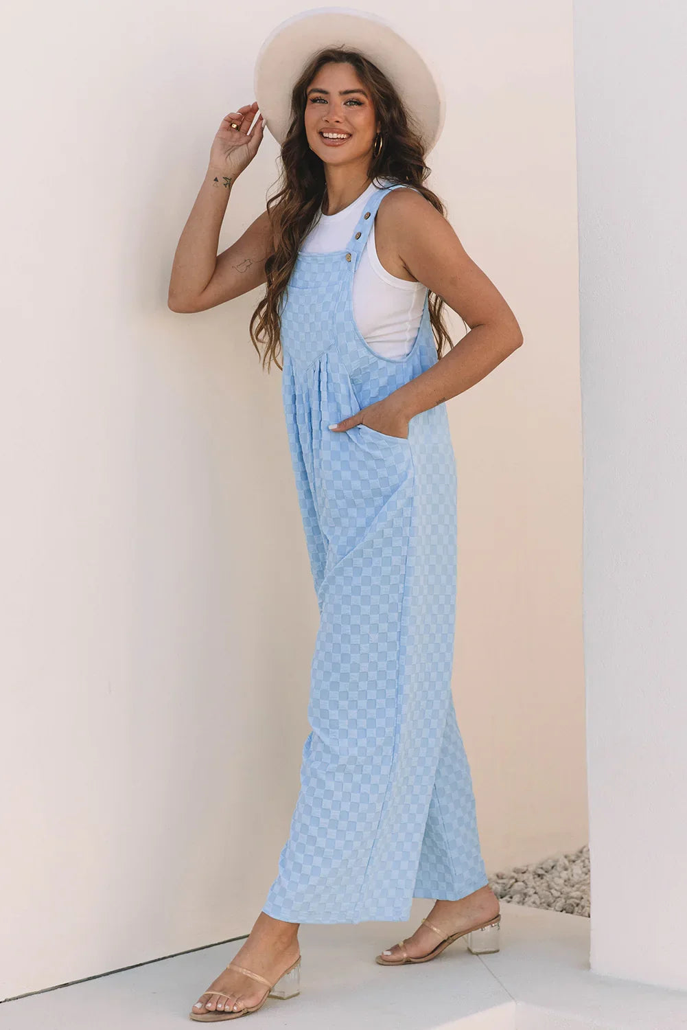 Gates Beau Blue Checkered Pocketed High Waist Wide Leg Overall