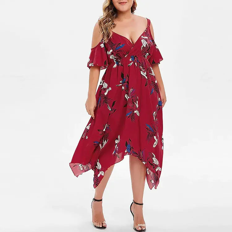 Stunning Floral Print Open Shoulder Midi Dress Plus Size
