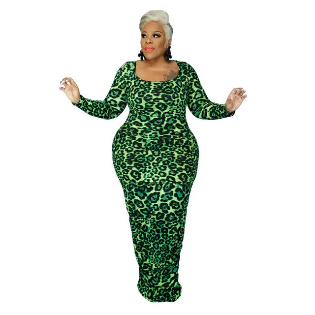 Elegant Plus Size Leopard Bodycon Maxi Dress
