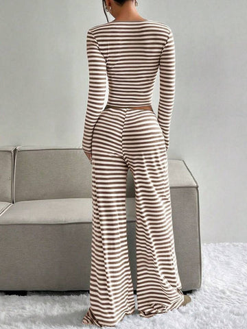 Laura Striped Long Sleeve Crop Two Piece Sets