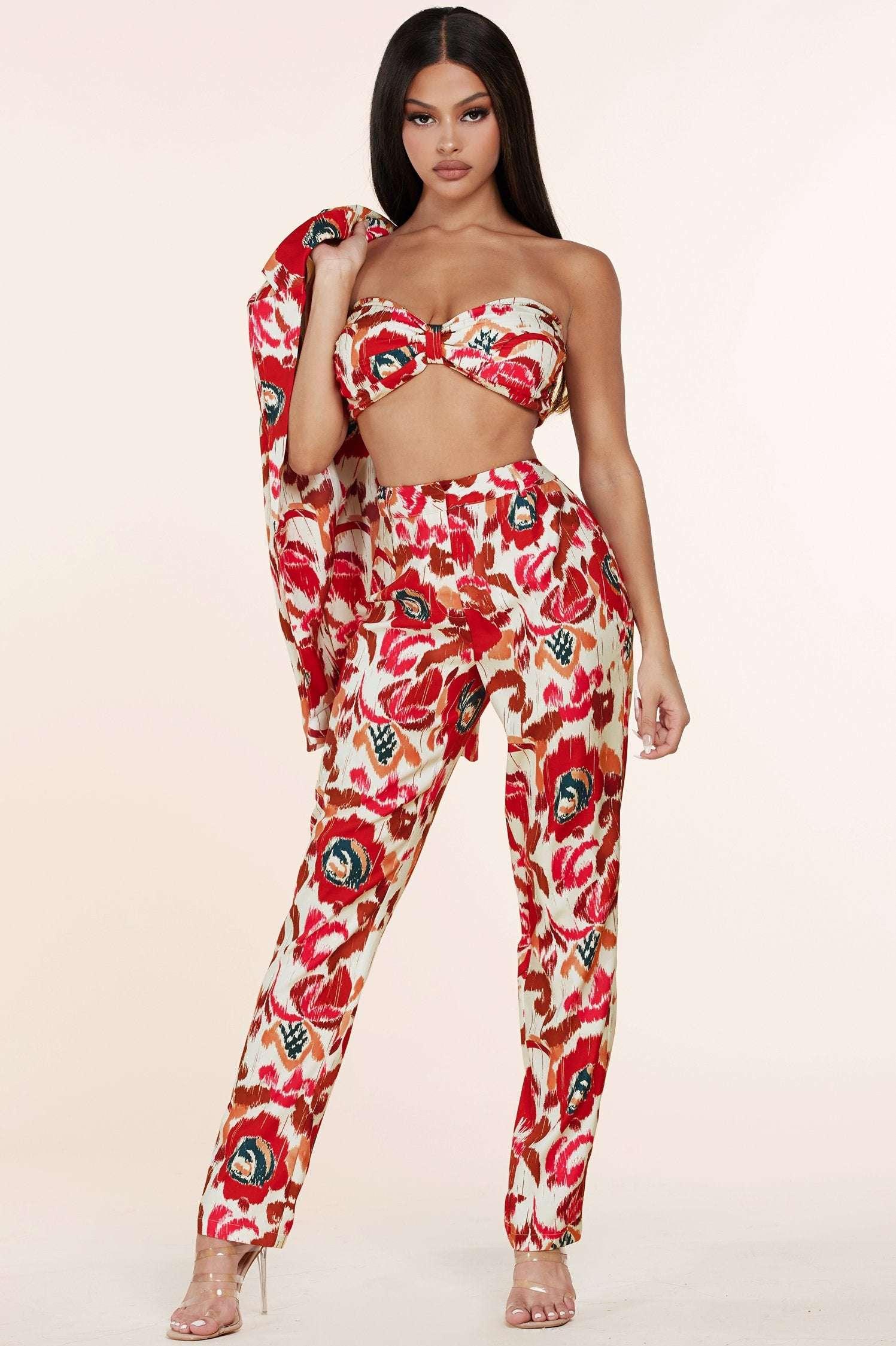 Fasheabe Elegant Flower Print Bandeau Tree Pieces Set
