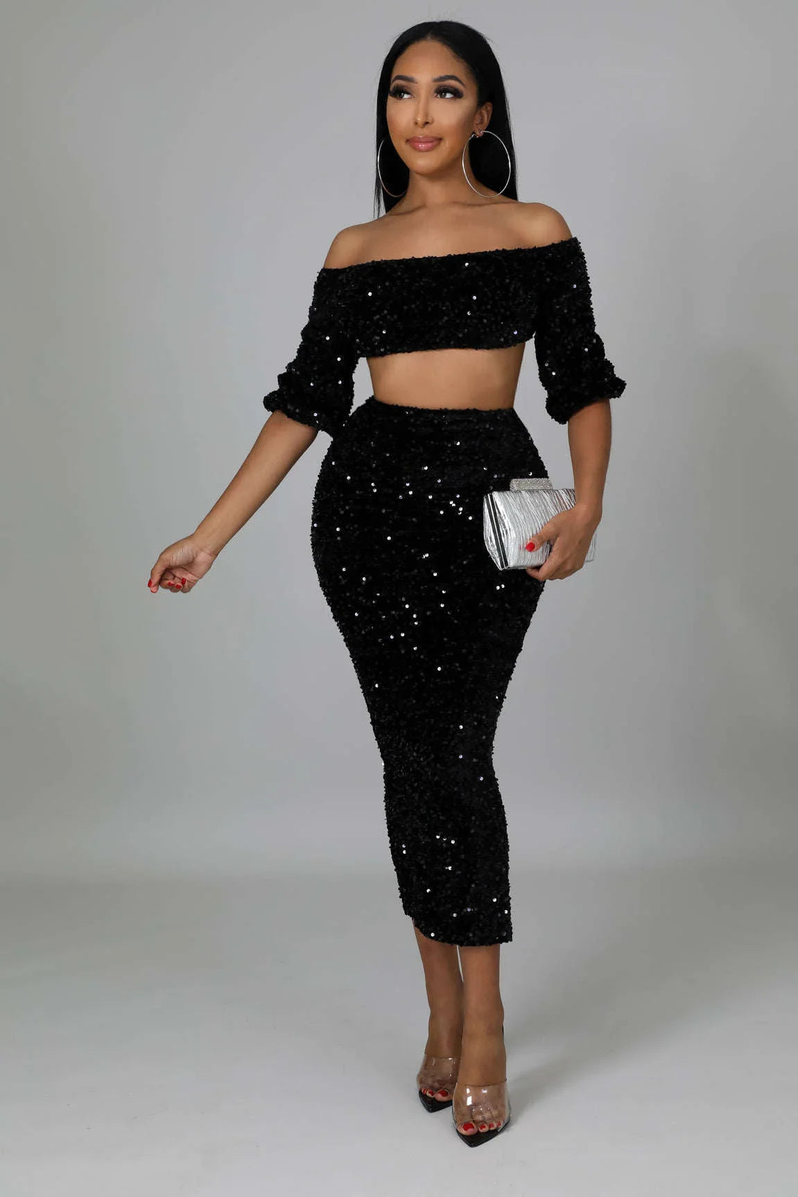 Fasheabe Sequin Matching Crop Top Midi High Waisted Set