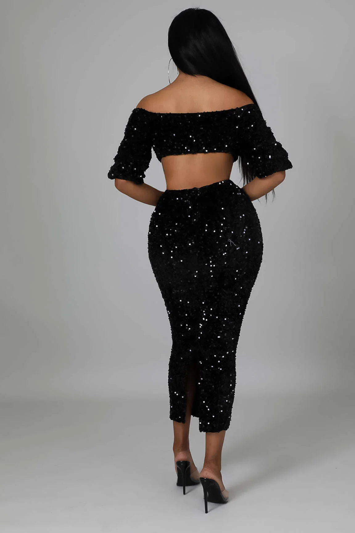 Fasheabe Sequin Matching Crop Top Midi High Waisted Set