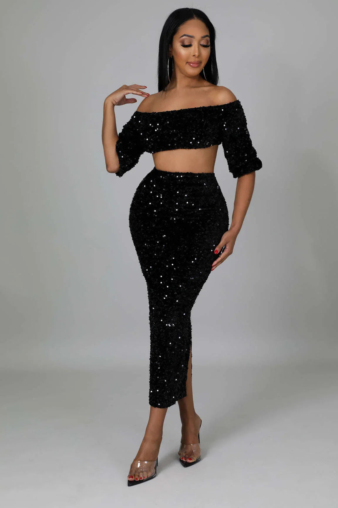 Fasheabe Sequin Matching Crop Top Midi High Waisted Set
