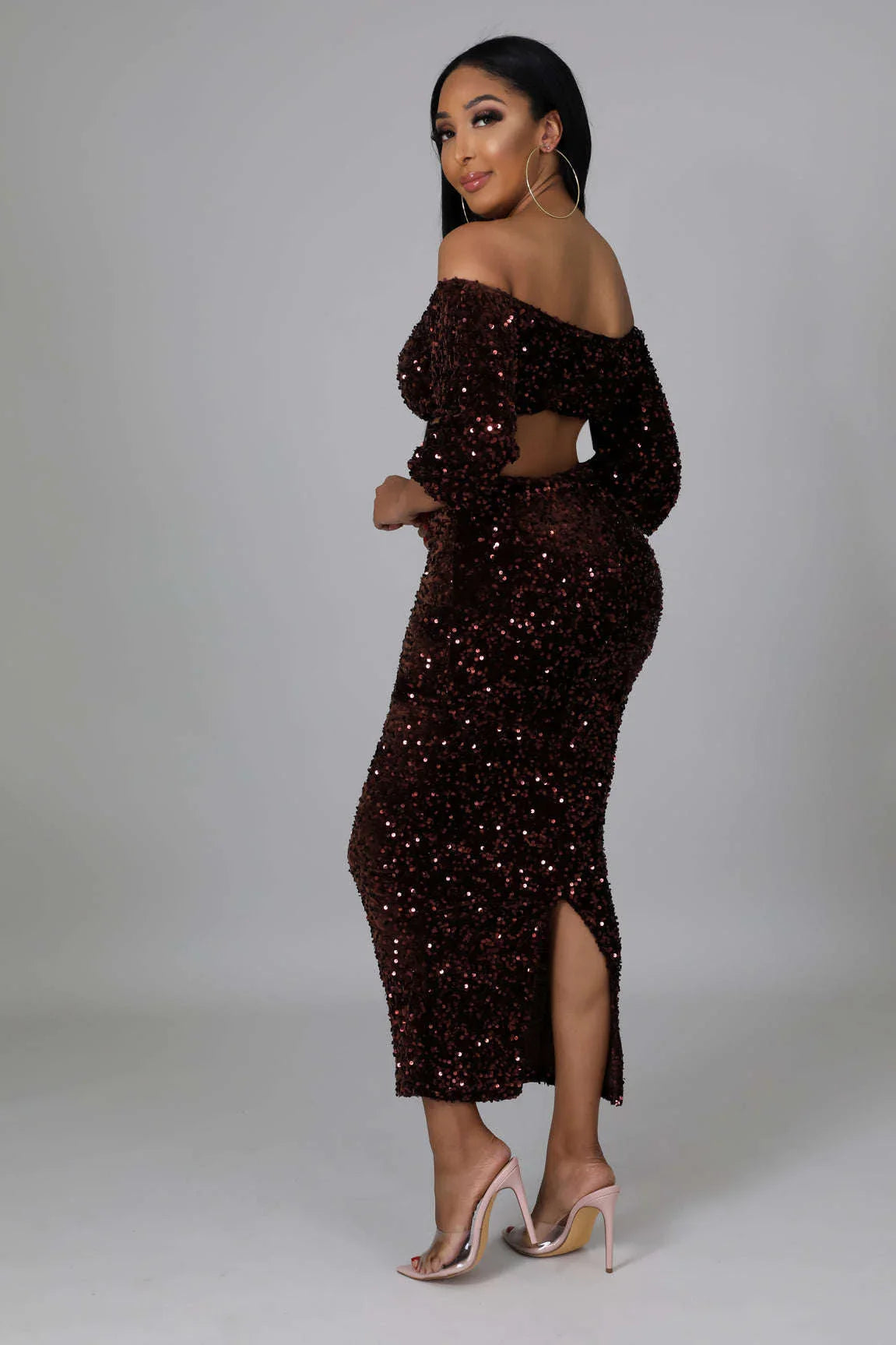 Sequin Matching Crop Top Midi High Waisted Set