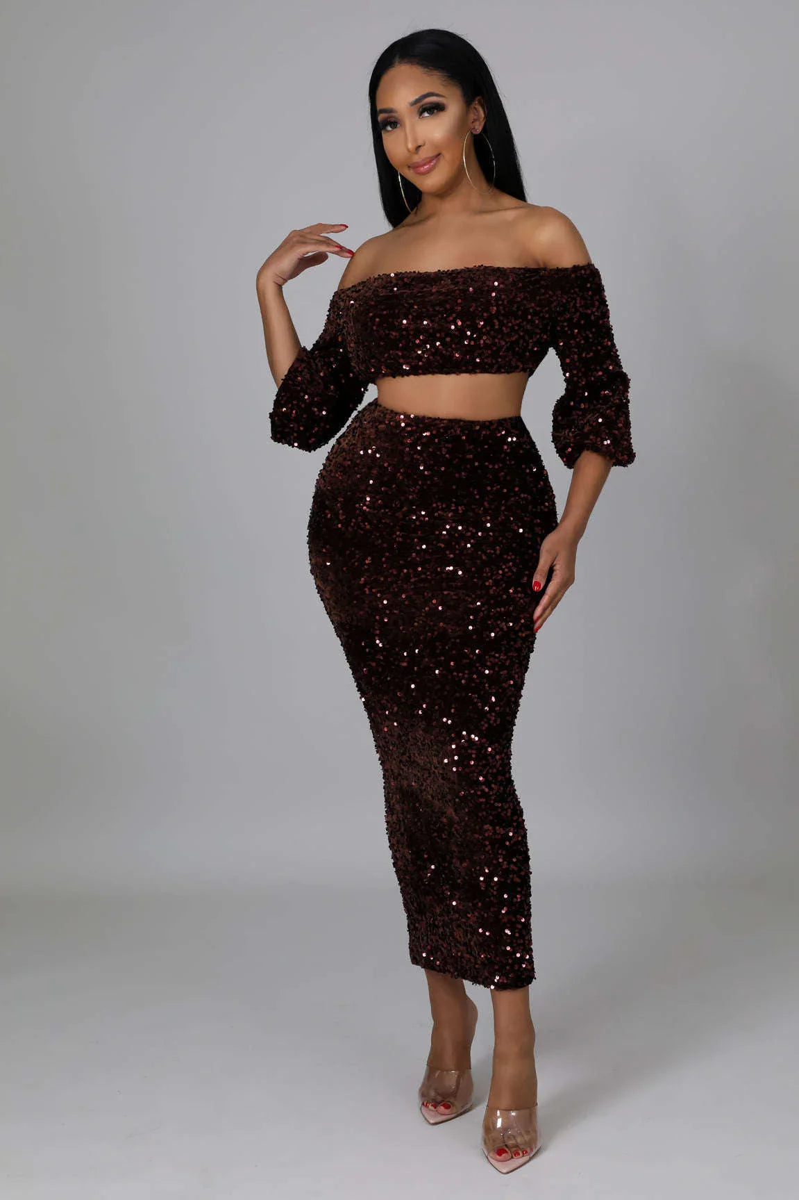 Sequin Matching Crop Top Midi High Waisted Set