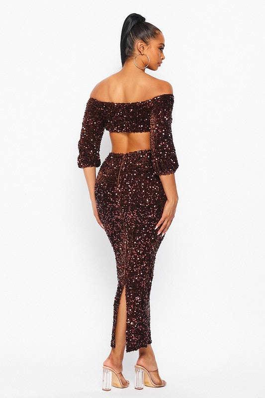 Sequin Matching Crop Top Midi High Waisted Set