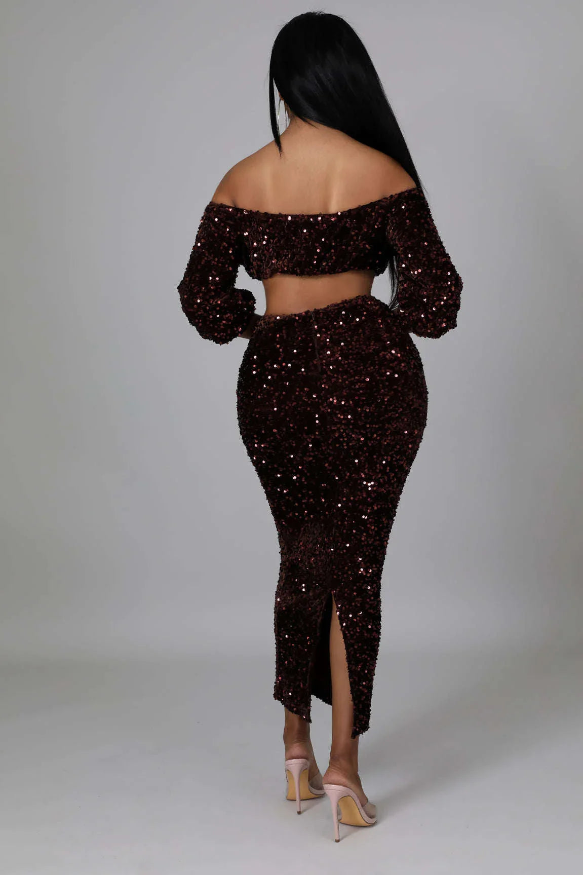 Sequin Matching Crop Top Midi High Waisted Set