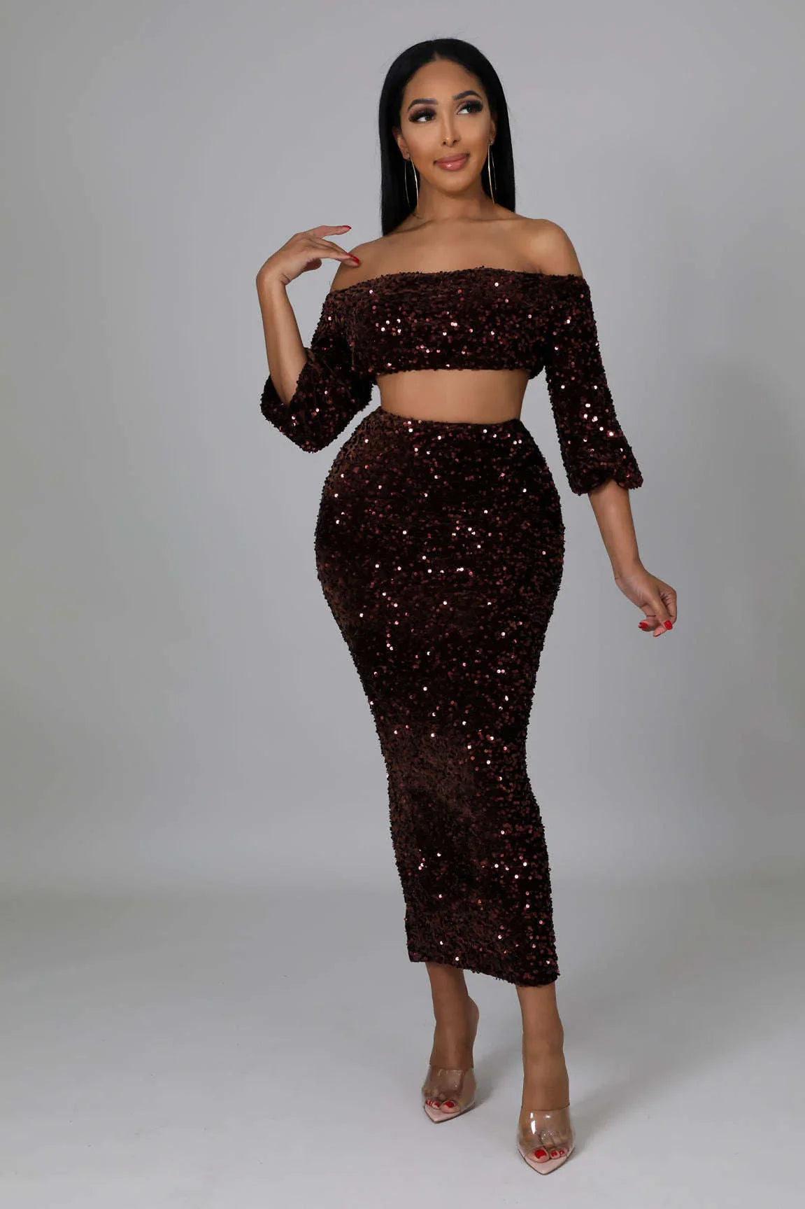 Sequin Matching Crop Top Midi High Waisted Set