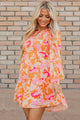 Lonnie Orange Abstract Print Smocked Lantern Sleeve Ruffle Mini Dress