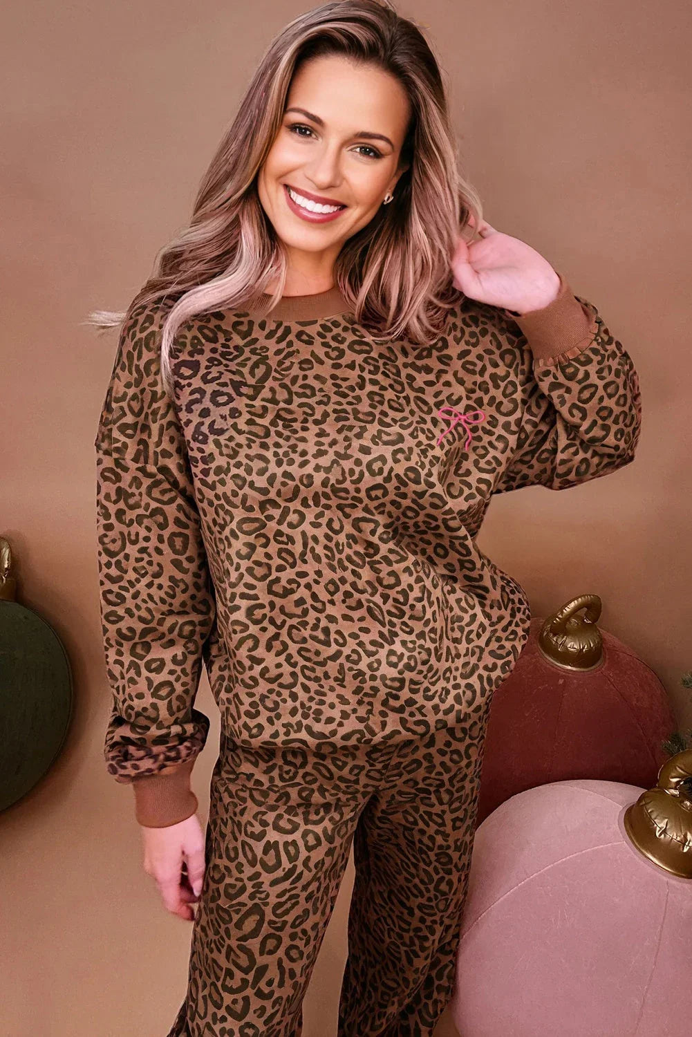 Amalia Leopard Contrast Trim Two Piece Sets