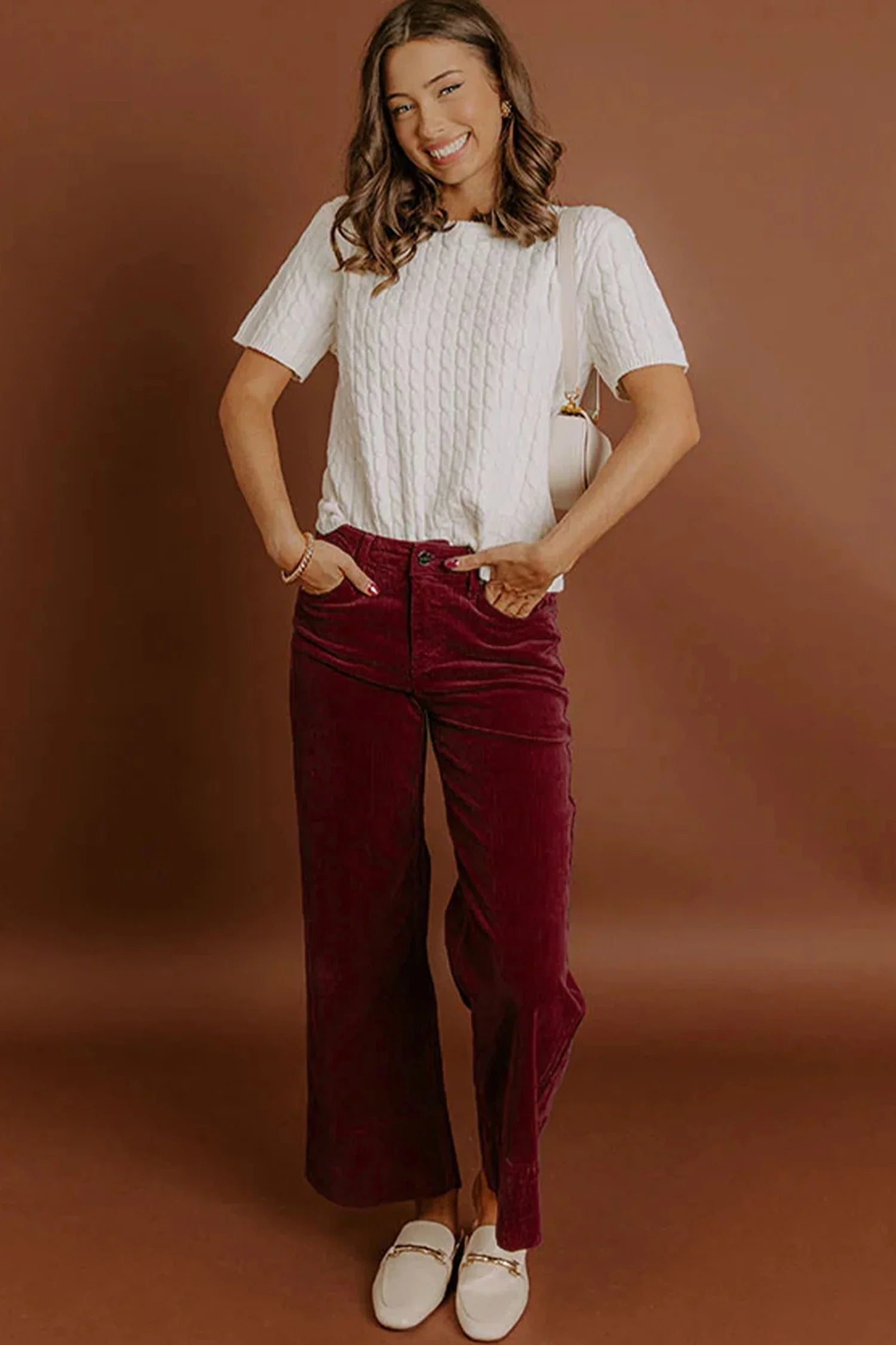 Jady Burgundy Corduroy Solid Color High Waist Wide Leg Pants