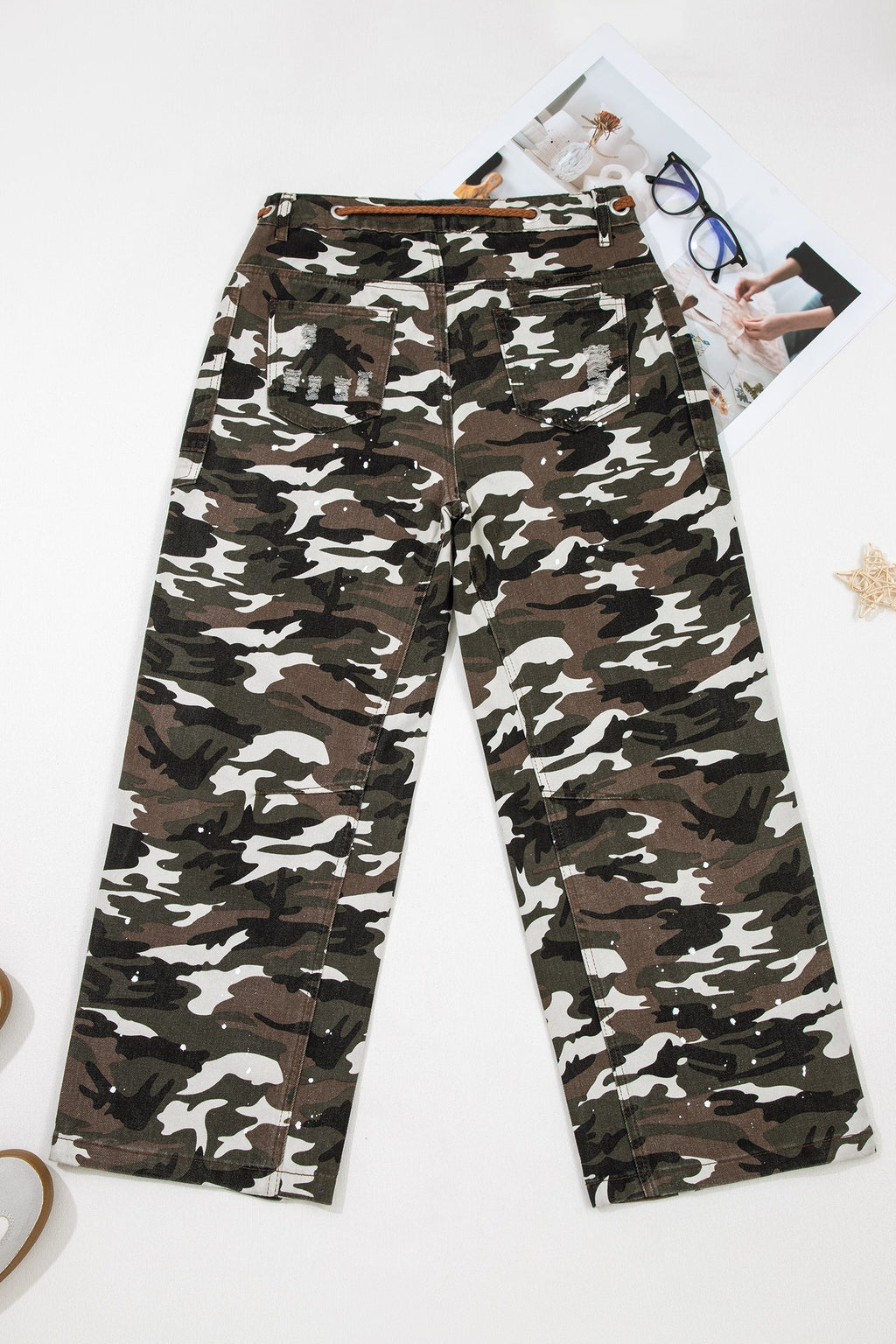 Camo Splatter Distressed Tie Waist Denim Pants