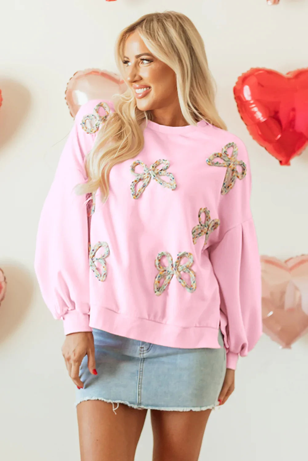 Lian Light Pink Embroidered Bow Lantern Sleeve Oversized Pullover Sweatshirt