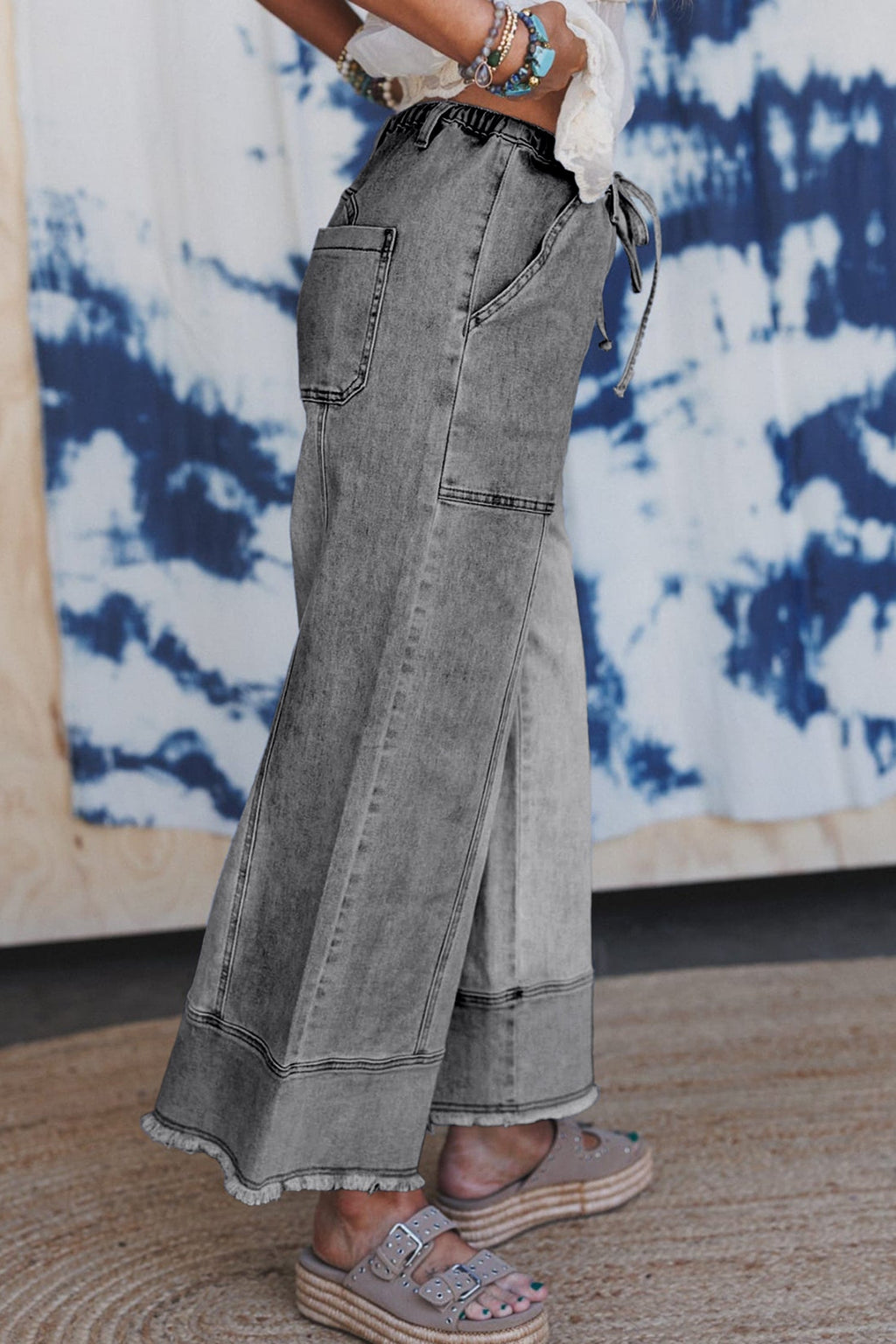 Prussian Blue Drawstring Seam Detail Raw Hem Wide Leg Denim Pants
