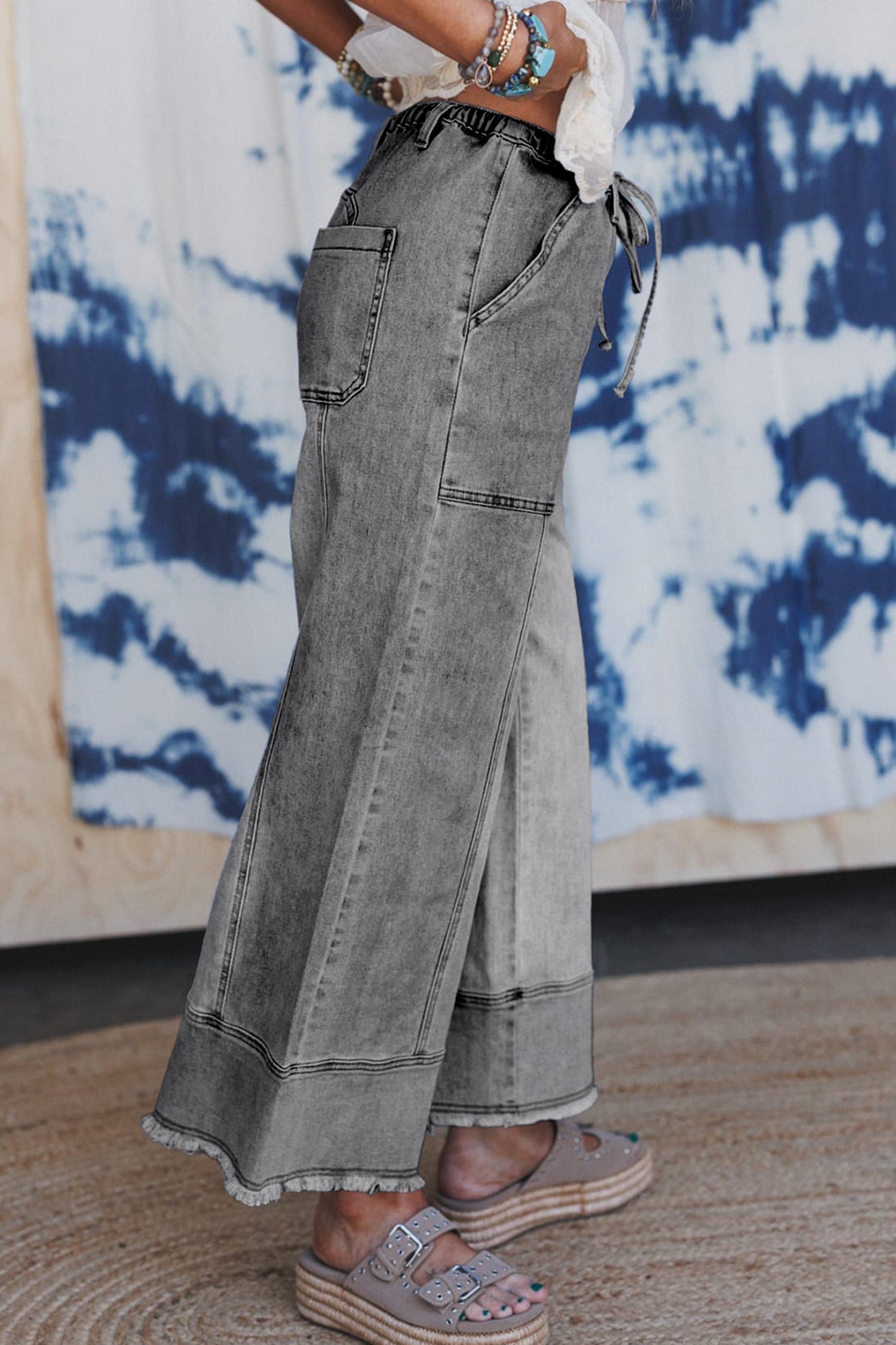 Prussian Blue Drawstring Seam Detail Raw Hem Wide Leg Denim Pants
