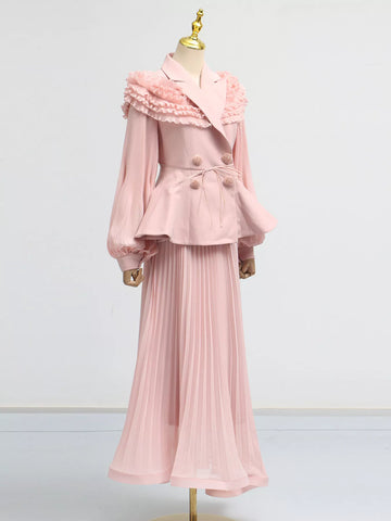 Karina Frill Lapel Collar Pleated Two Piece Sets