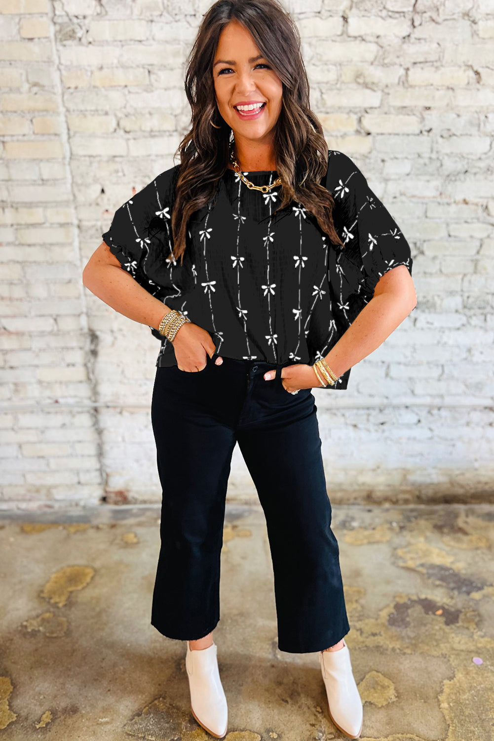 Bow Print Puff  Sleeve