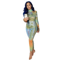 Fela Money Printed Sheer Mesh Long Sleeve Jumpsuits - Vestir en Moda