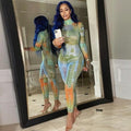 Fela Money Printed Sheer Mesh Long Sleeve Jumpsuits - Vestir en Moda