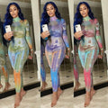 Fela Money Printed Sheer Mesh Long Sleeve Jumpsuits - Vestir en Moda