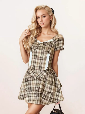 Alondra Plaid Puff Sleeve Two Piece Sets