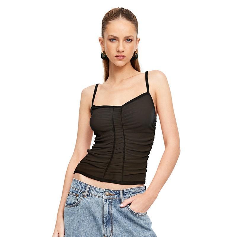 Flor Spaghetti Straps Chest Wrap Pleated Mesh Sexy Tank Tops - Vestir en Moda