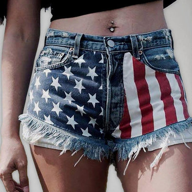 Francesca American Flag Fringe Star Printed Jean Shorts - Vestir en Moda