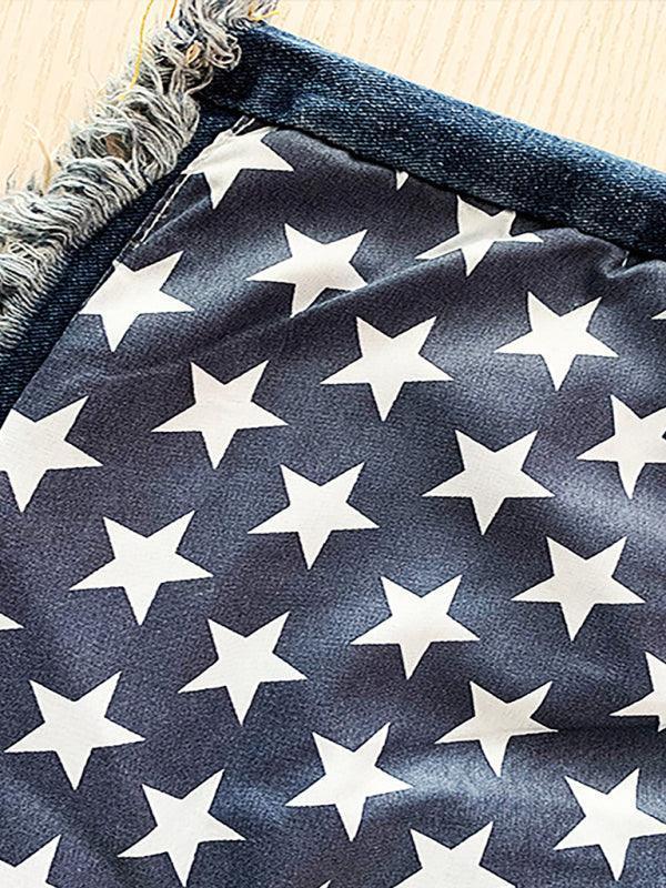 Francesca American Flag Fringe Star Printed Jean Shorts - Vestir en Moda