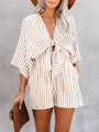 Gabriela Women Slim Waist Striped Deep V Trumpet Sleeve Rompers - Vestir en Moda