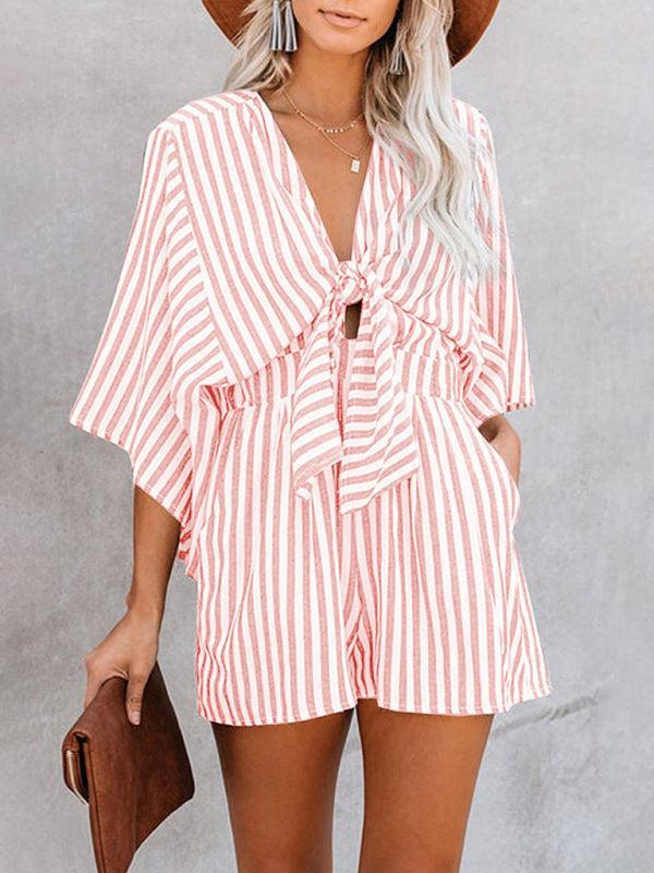 Gabriela Women Slim Waist Striped Deep V Trumpet Sleeve Rompers - Vestir en Moda