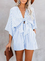 Gabriela Women Slim Waist Striped Deep V Trumpet Sleeve Rompers - Vestir en Moda