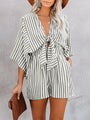 Gabriela Women Slim Waist Striped Deep V Trumpet Sleeve Rompers - Vestir en Moda