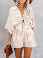 Gabriela Women Slim Waist Striped Deep V Trumpet Sleeve Rompers - Vestir en Moda