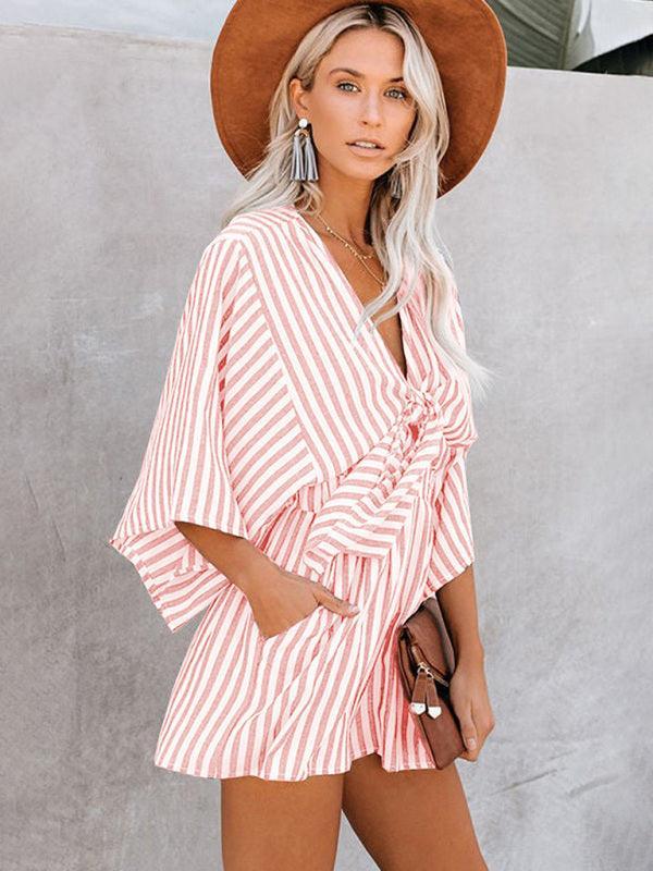 Gabriela Women Slim Waist Striped Deep V Trumpet Sleeve Rompers - Vestir en Moda