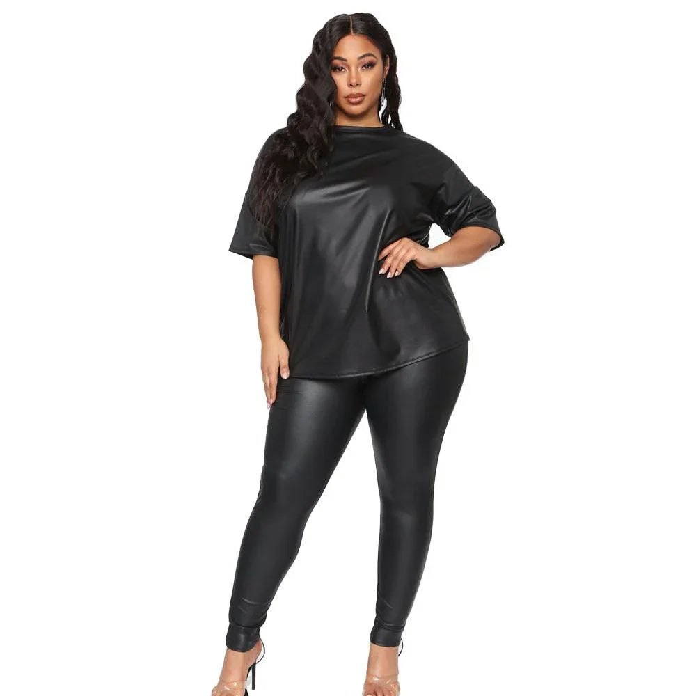 Gabriella Plus Size Solid Color Leather Low Sleeve Slim Trousers Set - Vestir en Moda